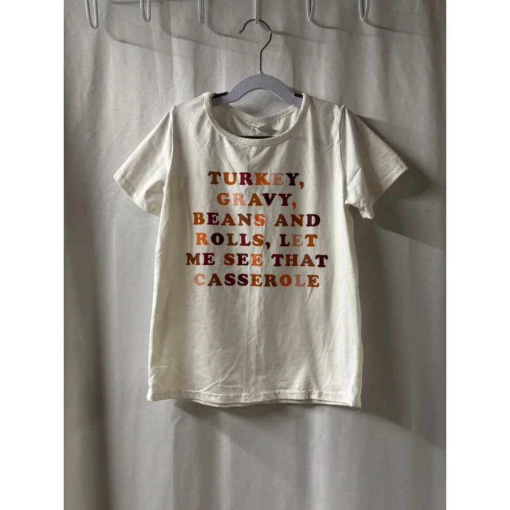 Kids White Thanksgiving Graphic Tee Turkey Gravy Casserole‎ Shirt Size 7-8T